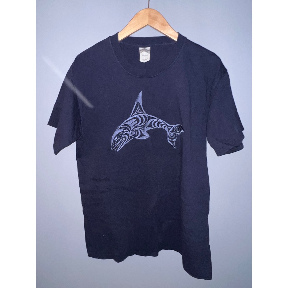 Gildan Ultra Cotton Navy Blue Orca Whale Tribal Graphic T-Shirt Mens Medium